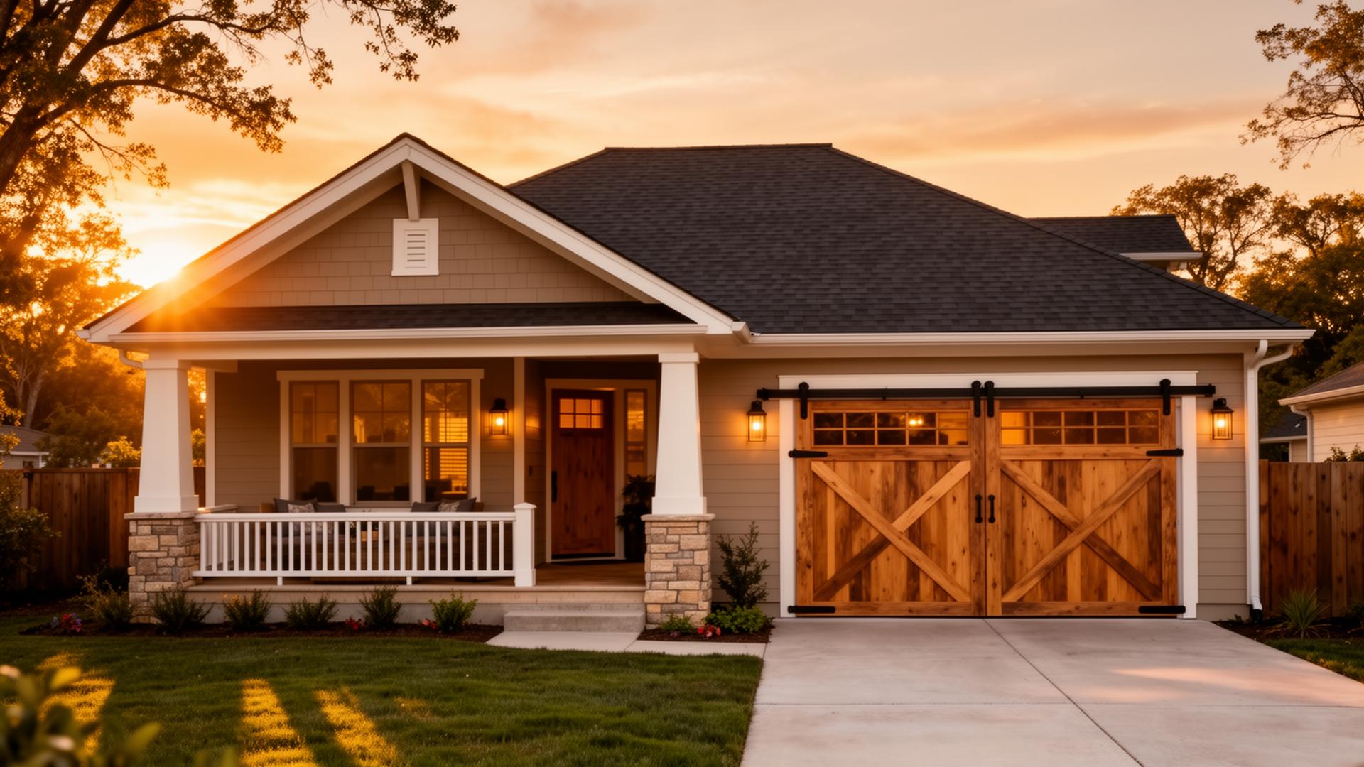 Beautiful craftsman home with farmhouse barn-style X-pattern garage doors at golden hour in Warren Connecticut
